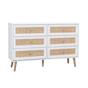 Commode décor bois et cannage 6 tiroirs, blanc