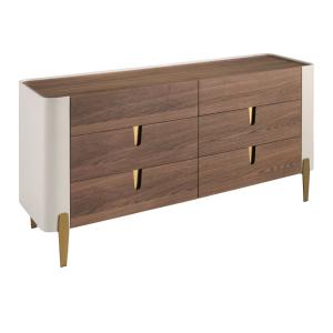 Commode en bois beige, acier poli doré et plateau en noyer