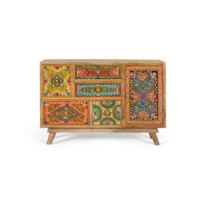 Commode en bois de manguier avec 6 tiroirs peints à la main