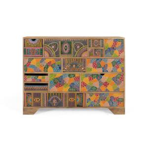 Commode en bois de manguier avec détails peints à la main 1…