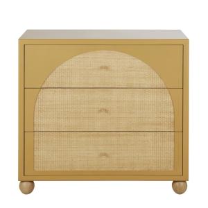 Commode haute 3 tiroirs ocre et rotin tressé L98