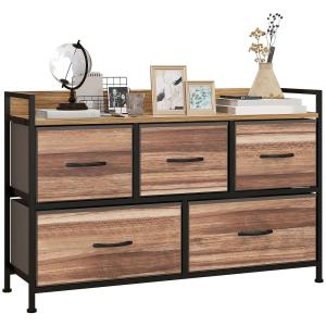 Commode meuble de rangement 5 tiroirs tissu et acier noir