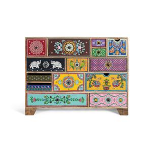 Commode peinte à la main avec des fleurs et figures géométr…