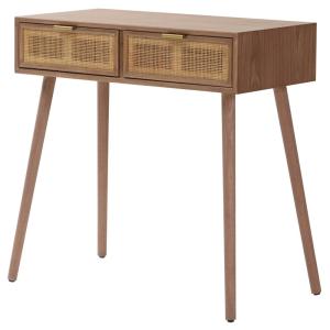 Console 2 tiroirs en bois de noyer et rotin naturel