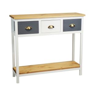 Console 3 tiroirs pin teinté gris et blanc 2 plateaux natur…