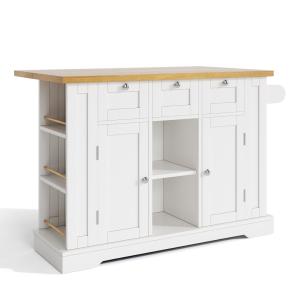 Console blanche avec plateau en bois et rangements latéraux