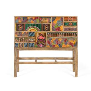 Console en bois de manguier massif avec détails peints à la…