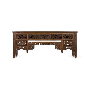 Console en bois de teck avec 5 tiroirs et pieds sculptés à…