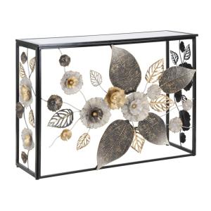 Console en métal noir avec fleurs et plateau en verre 112x4…