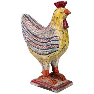 Coq décoratif en bois vieilli jaune 31x15x41