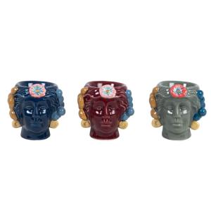 Coquetiers visages en grès bleu, rouge et vert sauge (x3)
