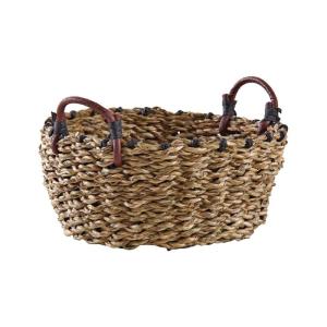 Corbeille ronde en jonc avec anses en cuir 19 cm