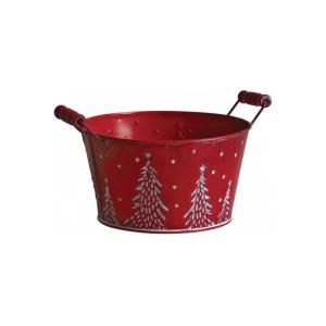 Corbeille ronde en métal rouge décor sapins blancs ø14 cm