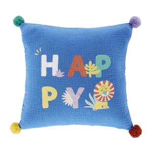 Coussin à pompons et imprimé HAPPY" multicolores
