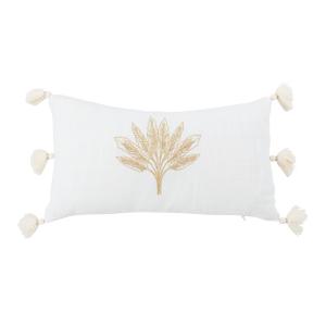 Coussin à pronoms motif brodé feuille doré et écru 20x35