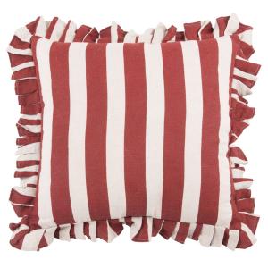 Coussin à volants en lin à rayures beige et bordeaux  45x45…