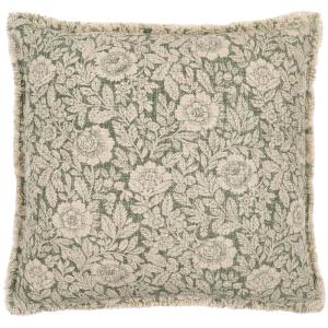 Coussin beige et vert fleuri à franges 45x45cm