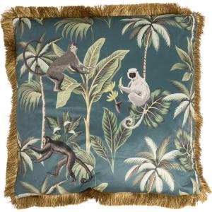Coussin bleu imprimés singes et feuilles à franges 55x55