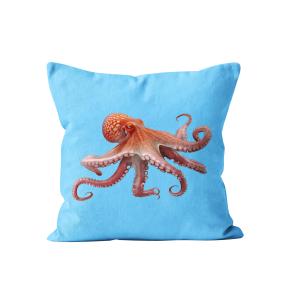 Coussin bord de mer poulpe velours bleu