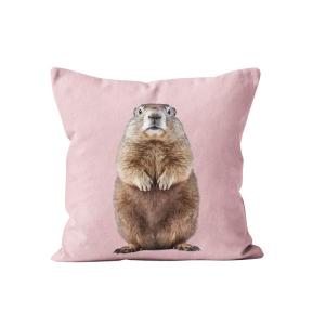 Coussin déco animal marmotte rose pastel velours 40x40cm