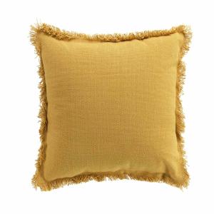 Coussin déhoussable à franges coton jaune 45x45 cm
