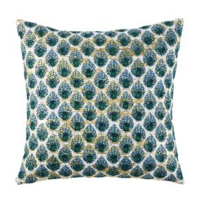 Coussin en coton beige motifs graphiques verts et dorés 45x…