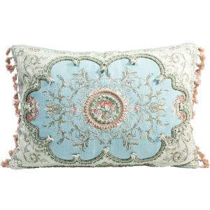 Coussin en coton bleu motifs floraux roses