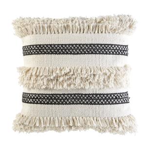 Coussin en coton écru et noir à franges 45x45
