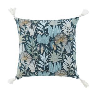 Coussin en coton et lin imprimé bleu canard, bleu vert et b…