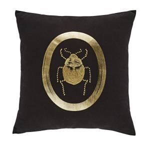 Coussin en coton noir, imprimé scarabé brodé doré 45x45