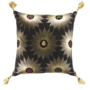Coussin en coton noir soleils brodés et pompons 45x45