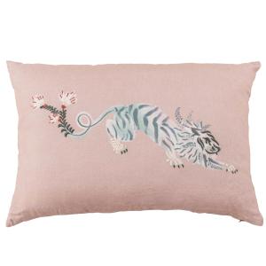 Coussin en lin motif imprimé tigre brodé rose 60x40