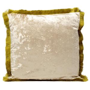 Coussin en velours beige franges dorées 45x45