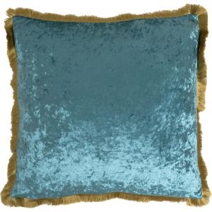 Coussin en velours bleu pétrole franges dorées 55x55