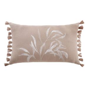 Coussin garni beige imprimé blanc à pompons 30x50