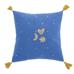 Coussin imprimé étoile et broderie bleues et dorée, 35x35