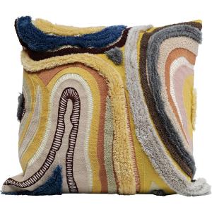 Coussin jaune et gris en coton, polyester et laine