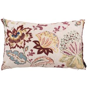 Coussin motifs floral brodé et galon à pompons bordeaux 60x…