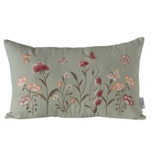 Coussin rectangulaire coton vert motifs fleurs 50x30x12cm