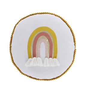 Coussin rond en coton écru, jaune et rose imprimé arc-en-ci…