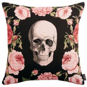 Coussin tapisserie crâne et roses Noir 50 x 50