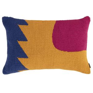 Coussin tufté bouclettes bleu, fuschia et jaune ocre 60x40