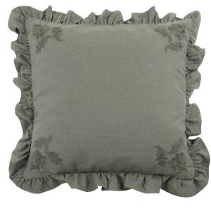 Coussin vert à volants et broderie florale 45x45