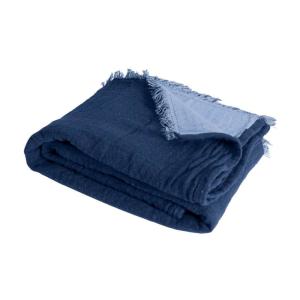 Couverture plaid coton bleu marine franges 130x170 cm
