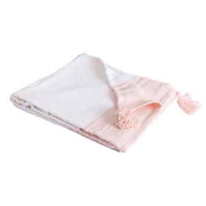 Couverture plaid coton rayée rose pâle et blanc avec frange…