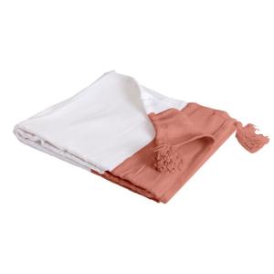 Couverture plaid coton rose saumon et blanc, 130x170 cm ave…