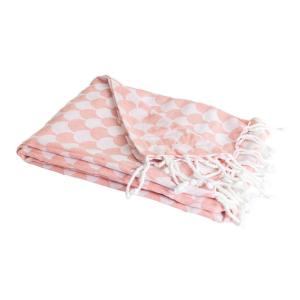 Couverture plaid coton rose saumon et blanc avec franges 13…