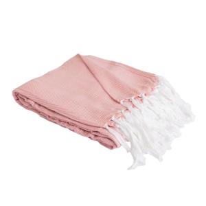Couverture plaid coton rose saumon franges 180x220 cm