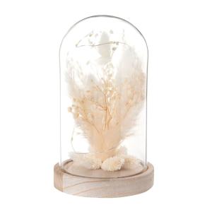 Déco lumineuse en verre et bois de pin avec fleurs sechées