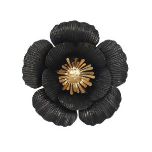 Déco murale métal fleur noir doré 25cm